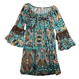 2B Together‎ Women's M Bohemian Paisley Fringe Bell Sleeve Mini Dress Colorful
